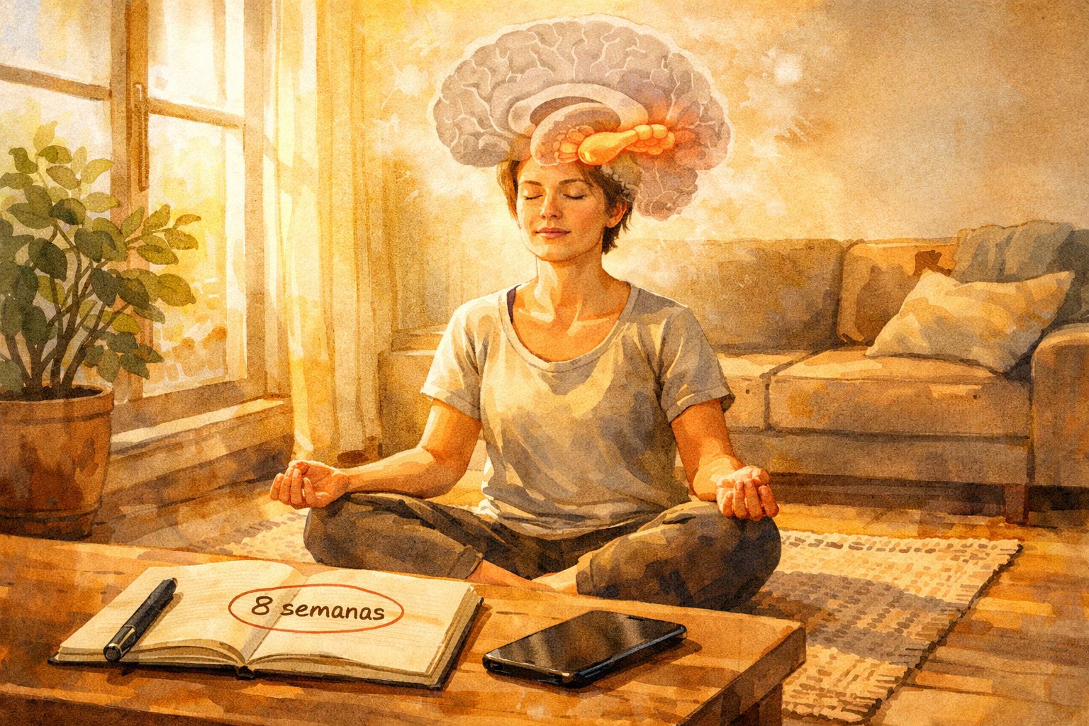 Mulher medita em casa com ilustração do cérebro e nota "8 semanas" em livro aberto à sua frente.