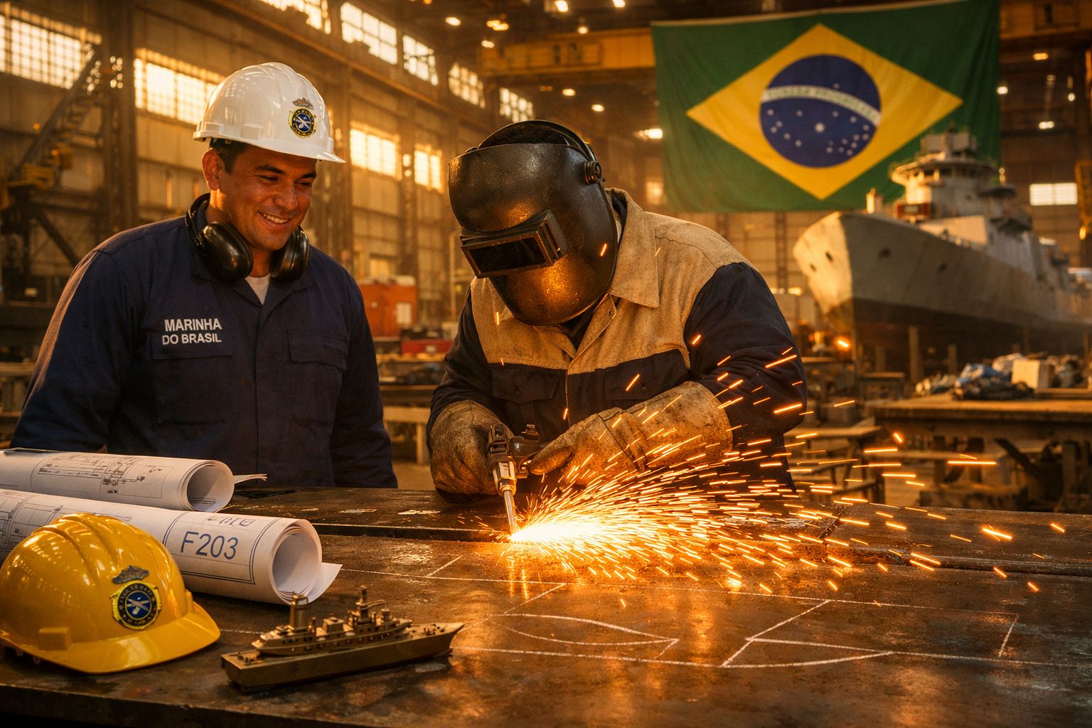 Trabalhador a soldar peças metálicas com faíscas enquanto colega observa numa oficina naval com bandeira do Brasil.
