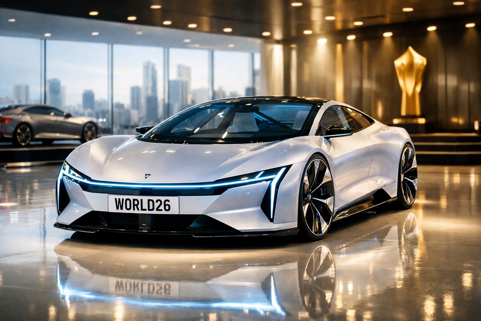 Carro desportivo elétrico prateado num salão moderno com janelas grandes e cidade ao fundo.