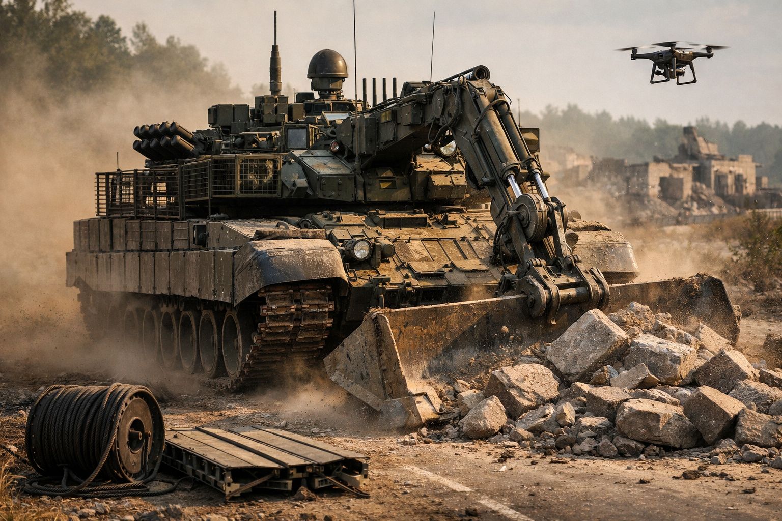 Tanque militar com escavadora a mover destroços numa zona de construção militar com drone ao lado.