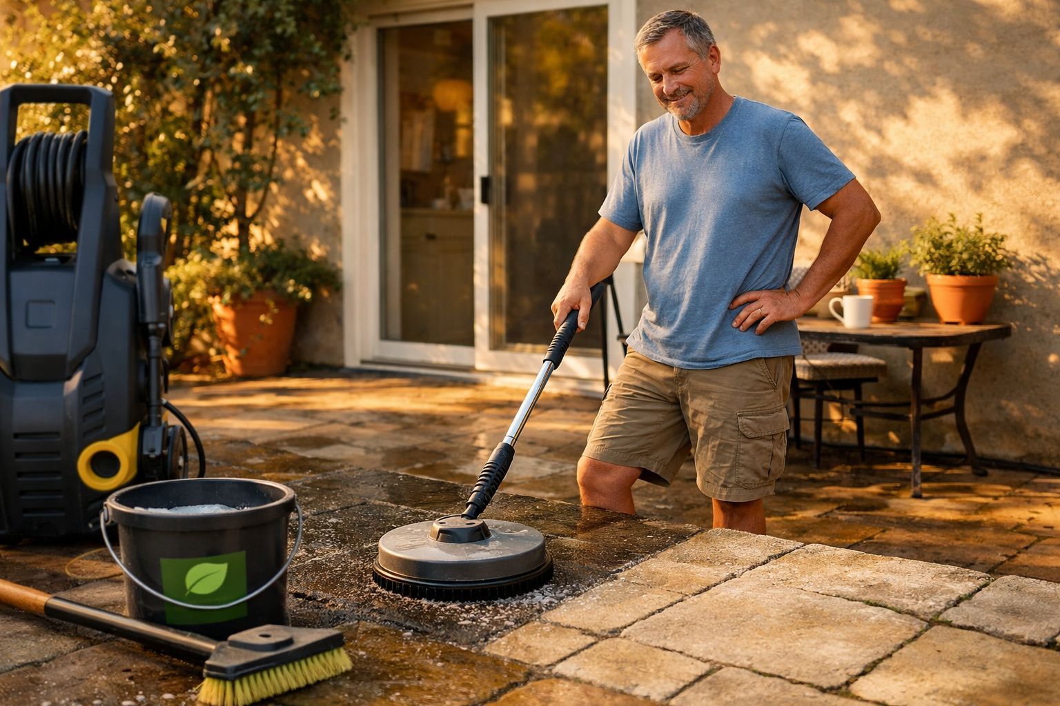 Homem a limpar um chão exterior em pedra com lavadora de alta pressão num dia ensolarado.