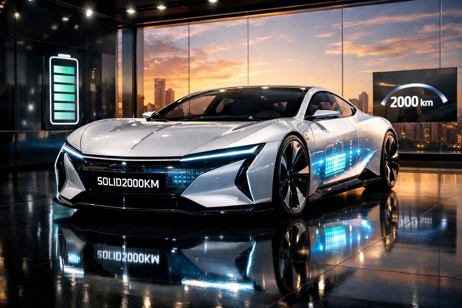 Carro elétrico desportivo prata em espaço interior com gráficos de bateria e autonomia de 2000 km ao fundo.