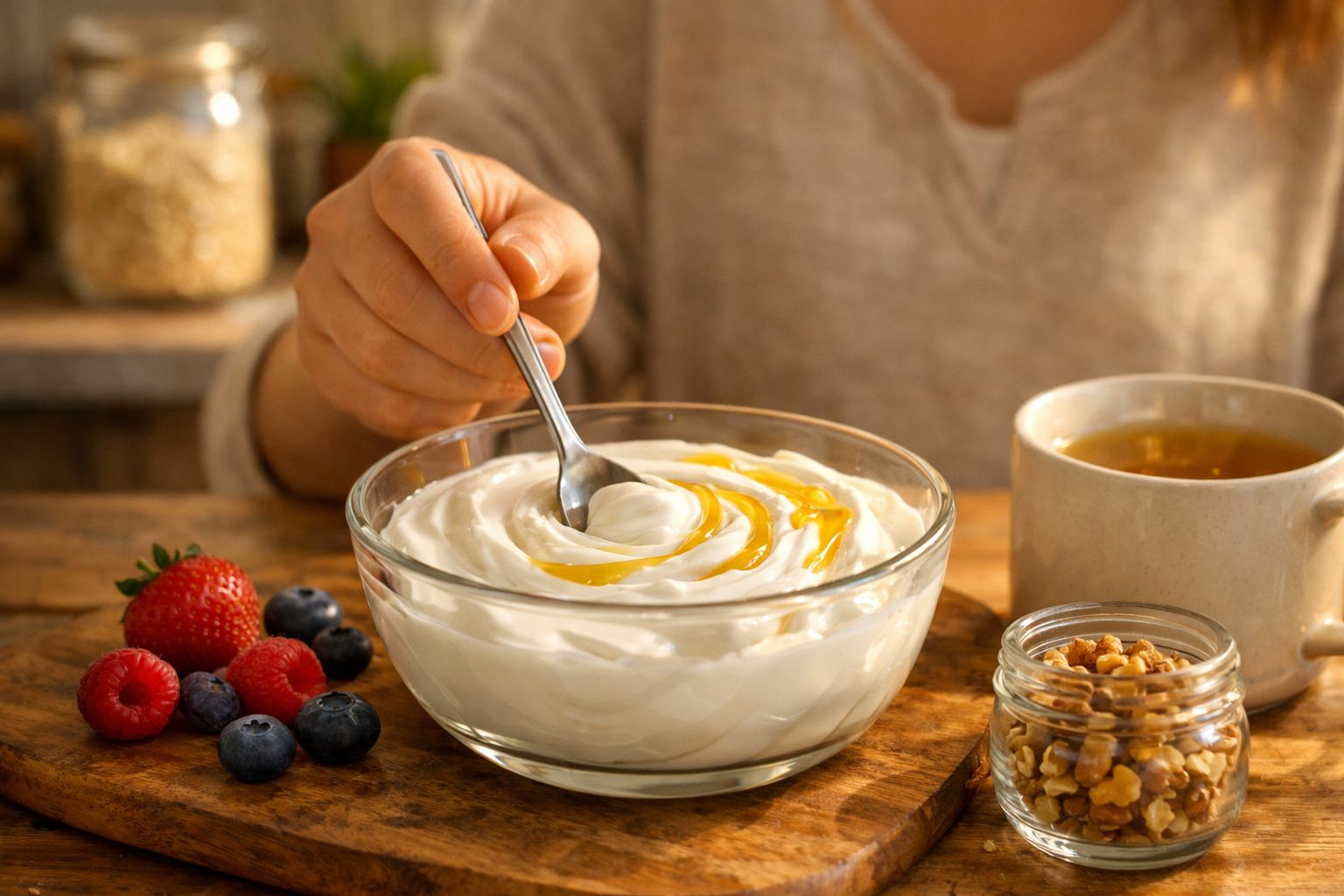 Pessoa a mexer iogurte com mel numa taça de vidro, com frutos vermelhos, nozes e chá ao lado.
