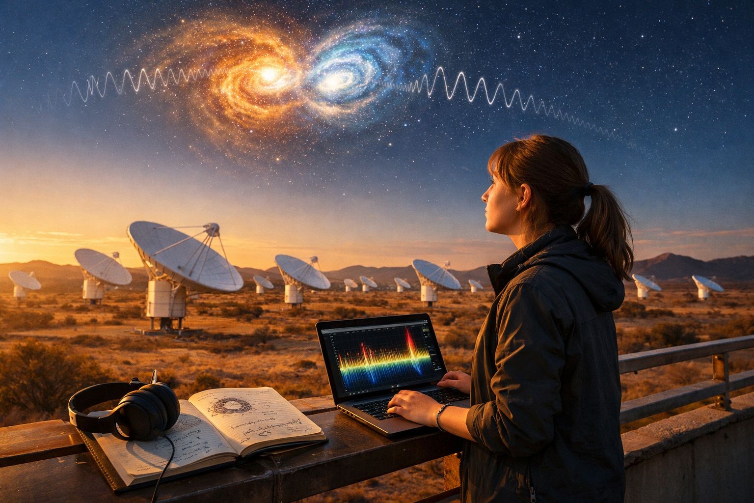 Mulher estudando sinais cósmicos com radiotelescópios ao entardecer, analisando dados num portátil.