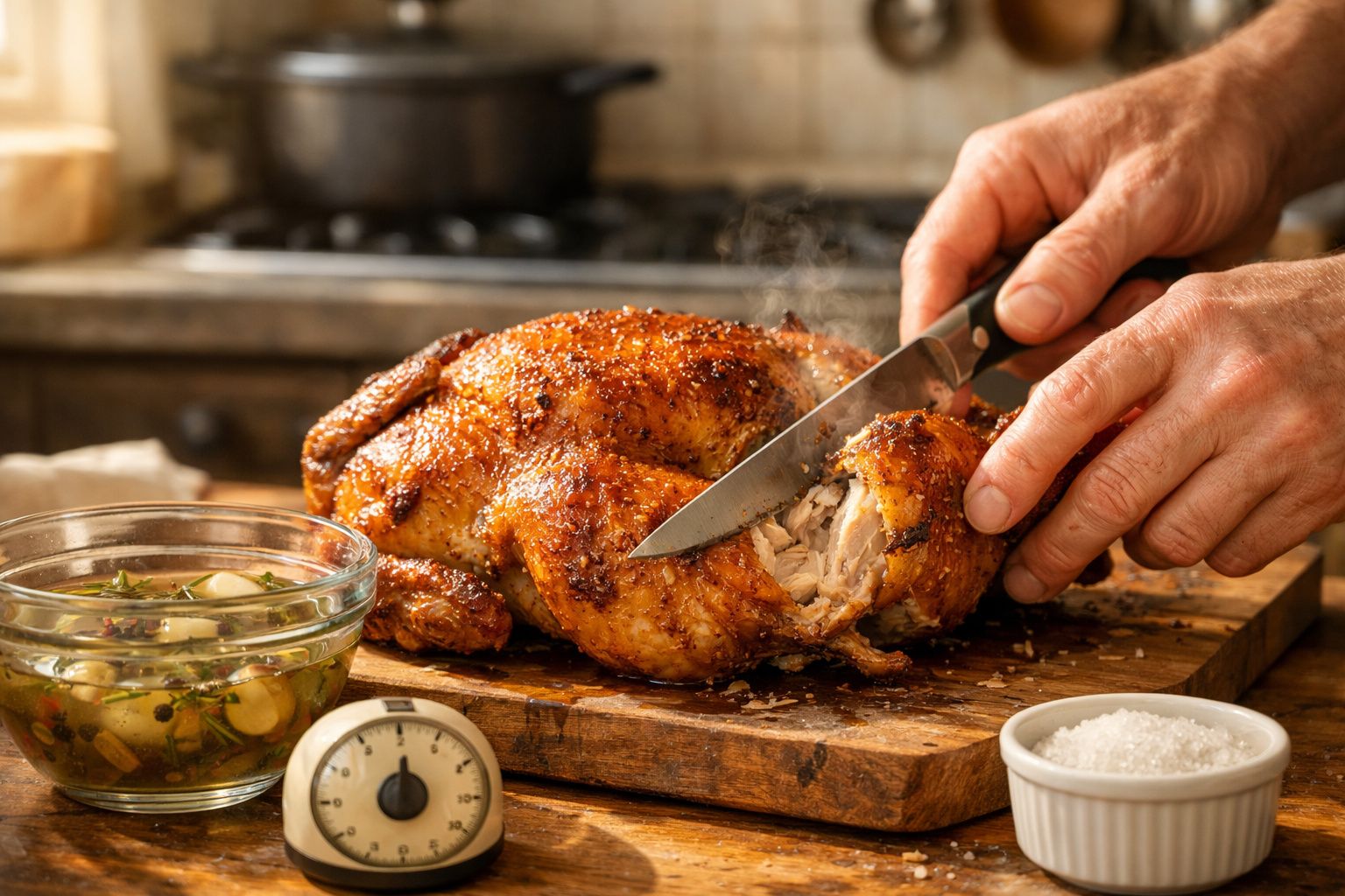 Pessoa a cortar frango assado dourado numa tábua de madeira numa cozinha rústica.