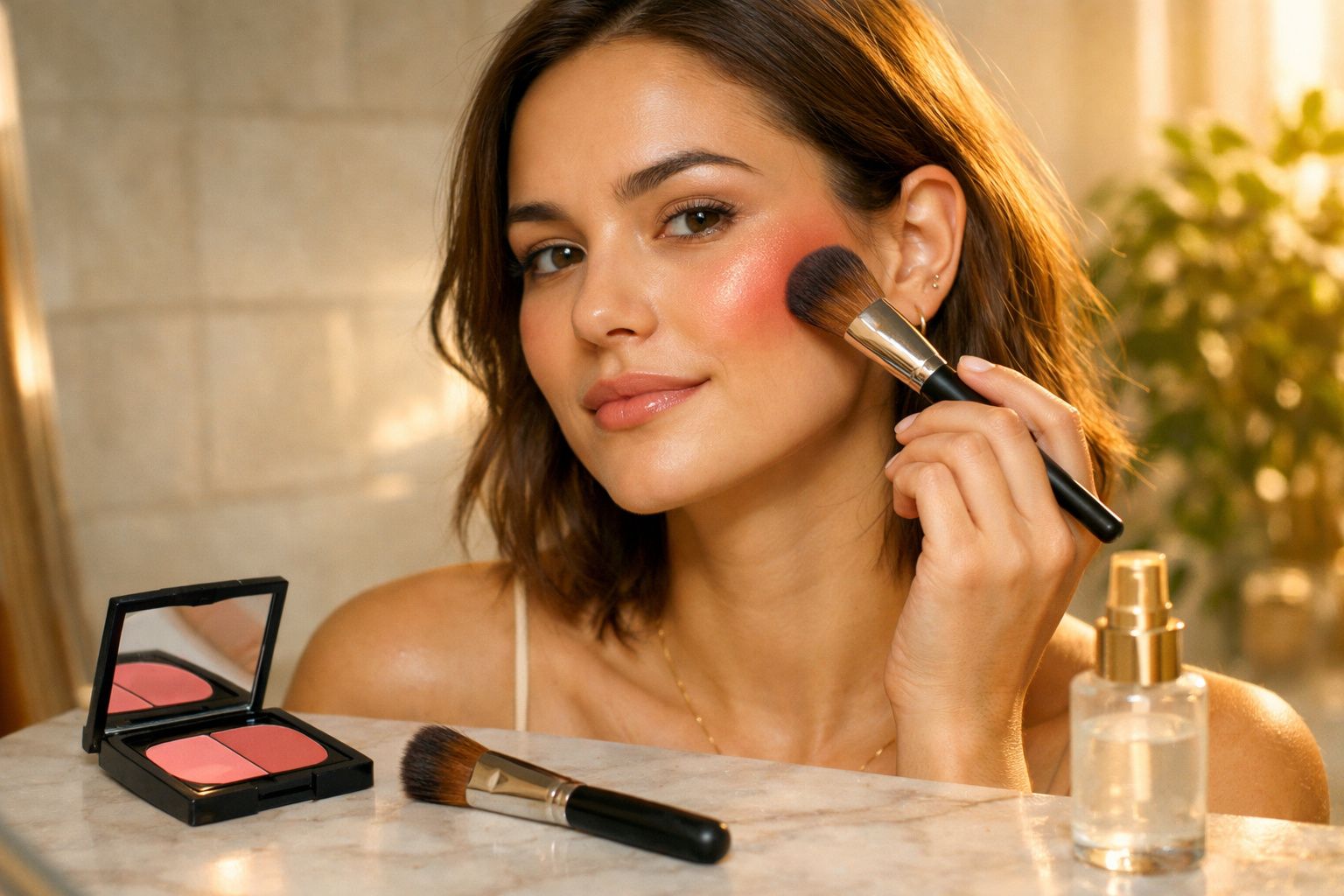 Mulher a aplicar blush num ambiente iluminado, com pincel e estojo de maquilhagem à frente.