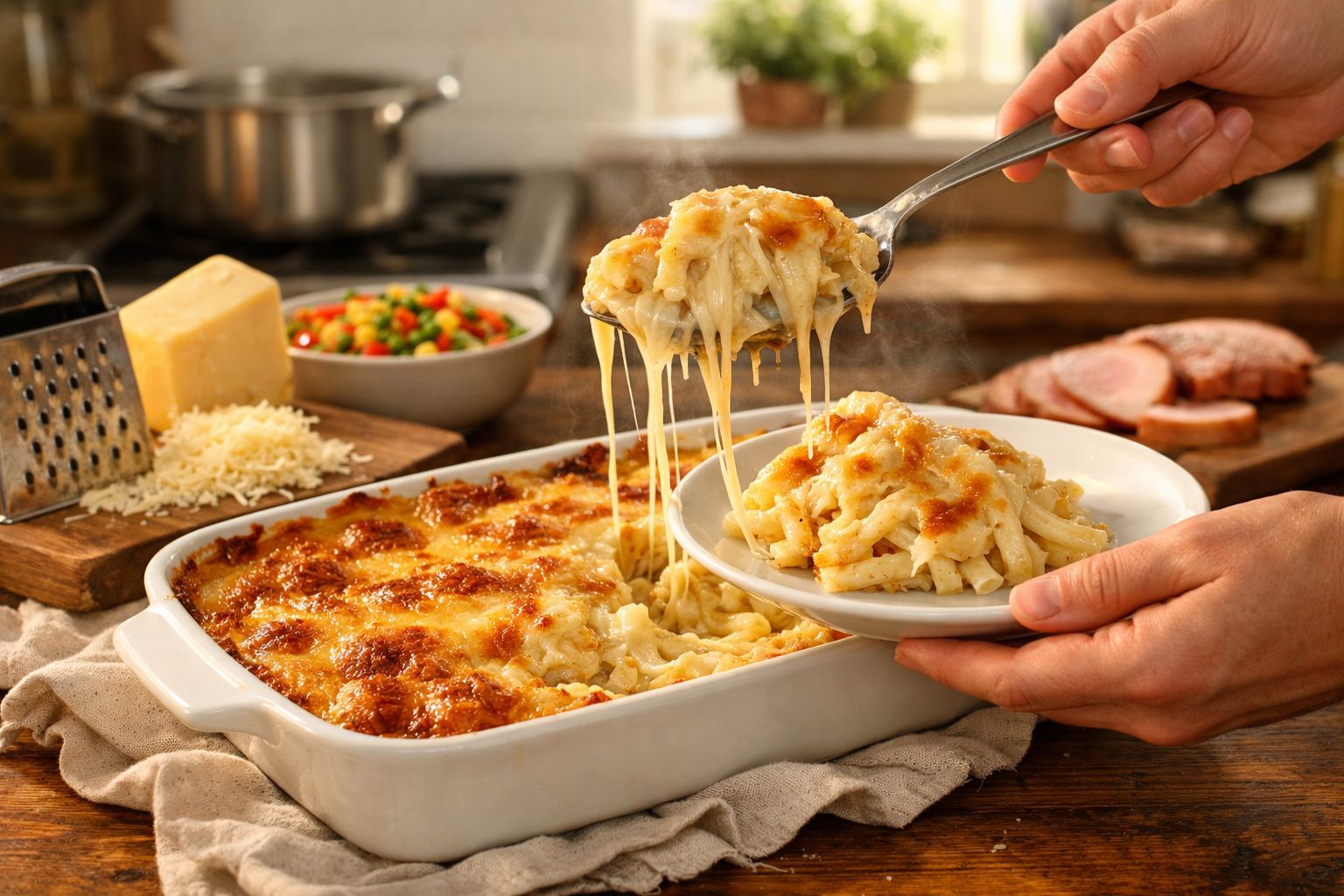 Mãos a servir macarrão com queijo gratinado e estaladiço de um tabuleiro branco para um prato.