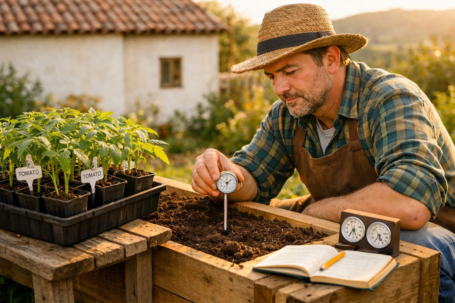 Homem a medir a humidade do solo em canteiro de madeira junto a plantas de tomate numa quinta ao pôr do sol.