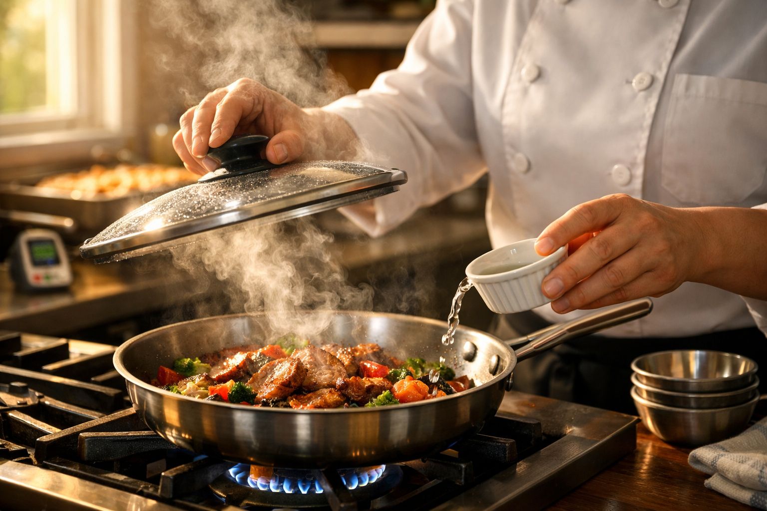 Chef a cozinhar carne e legumes numa frigideira fumegante num fogão com tampa levantada.