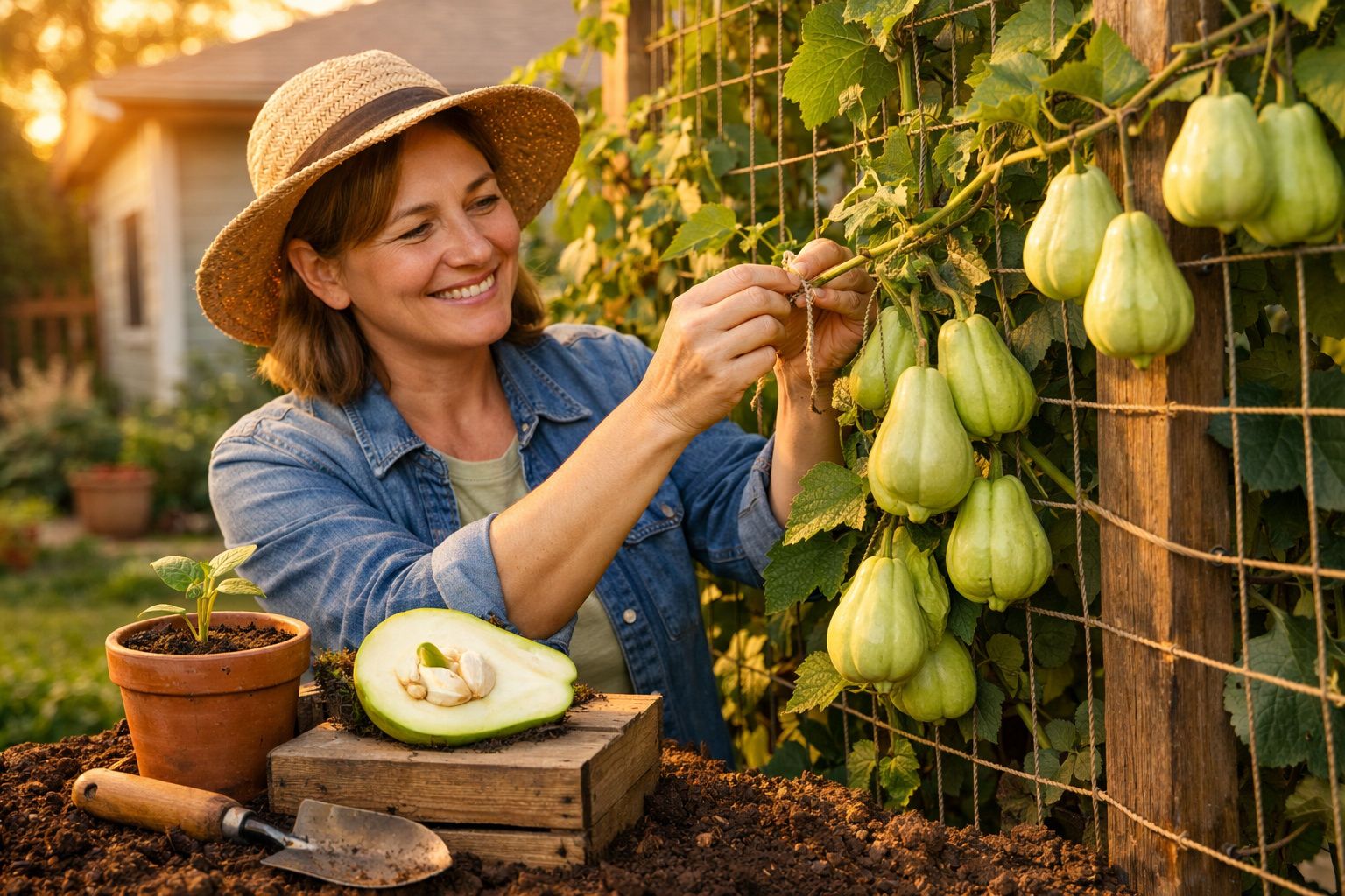 Mulher com chapéu a cuidar de chuchus num jardim ao pôr do sol, com abacate partido na mesa.