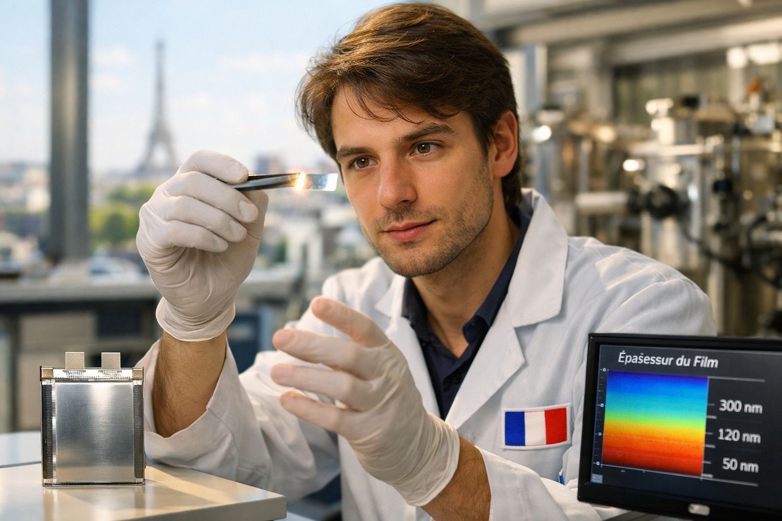 Homem de bata branca e luvas a analisar amostra que brilha numa pinça num laboratório com equipamentos científicos.