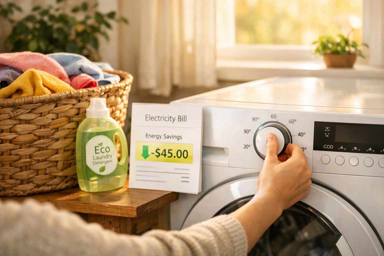 Mão a ajustar máquina de lavar roupa com detergente eco e fatura de eletricidade mostrando poupança de $45.00.