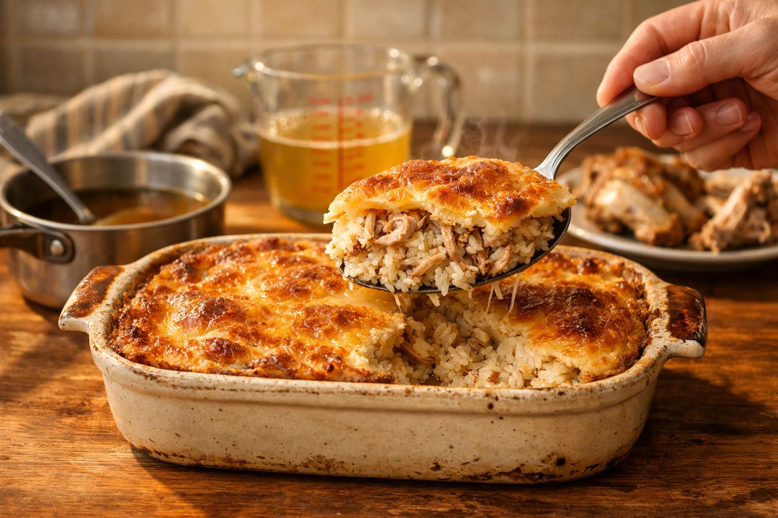 Caçarola de arroz gratinado com frango desfiado, sendo servida com concha metálica em mesa de madeira.
