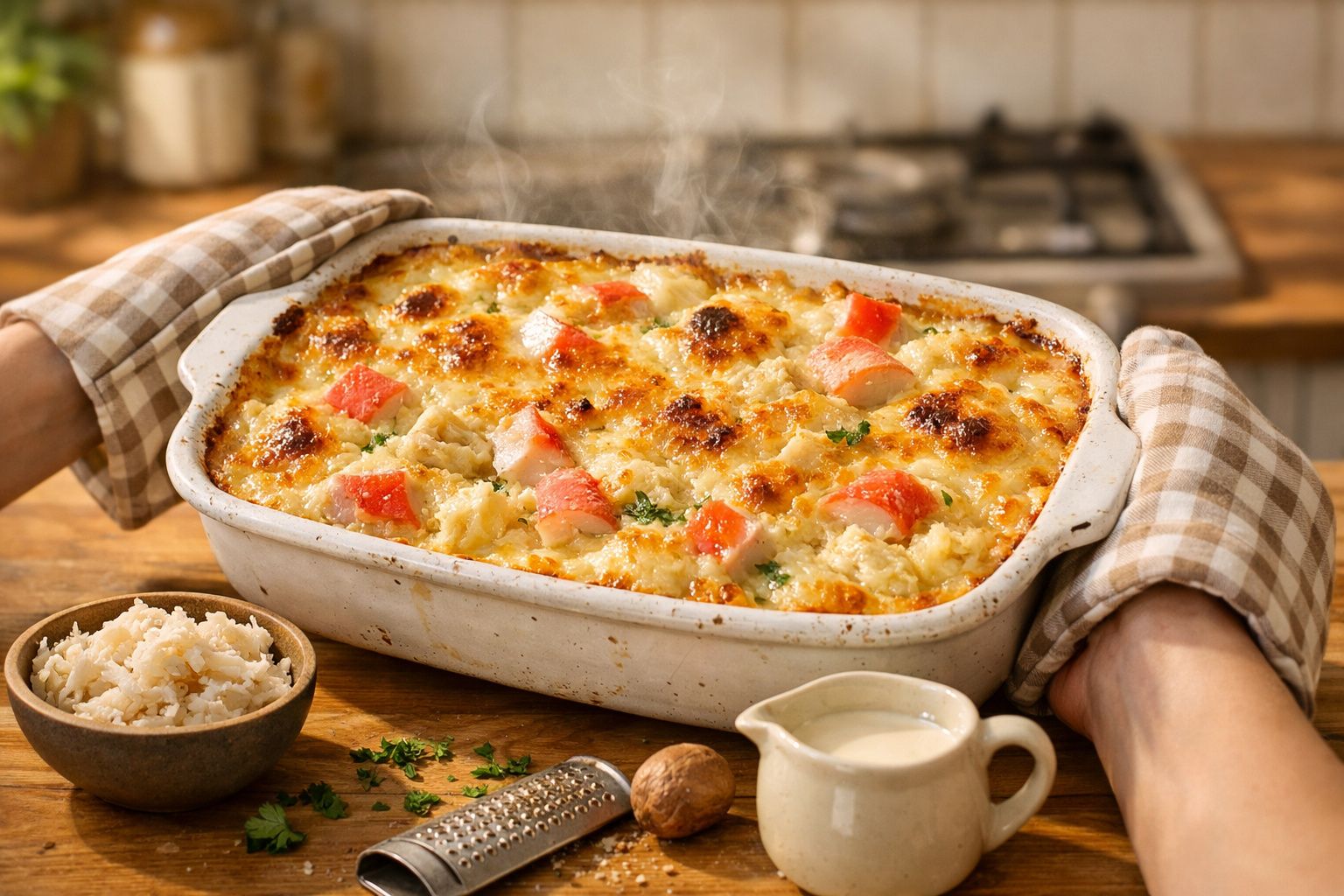 Prato de gratinado de peixe com crosta dourada e pedaços de tomate, acompanhado de arroz e molho branco.