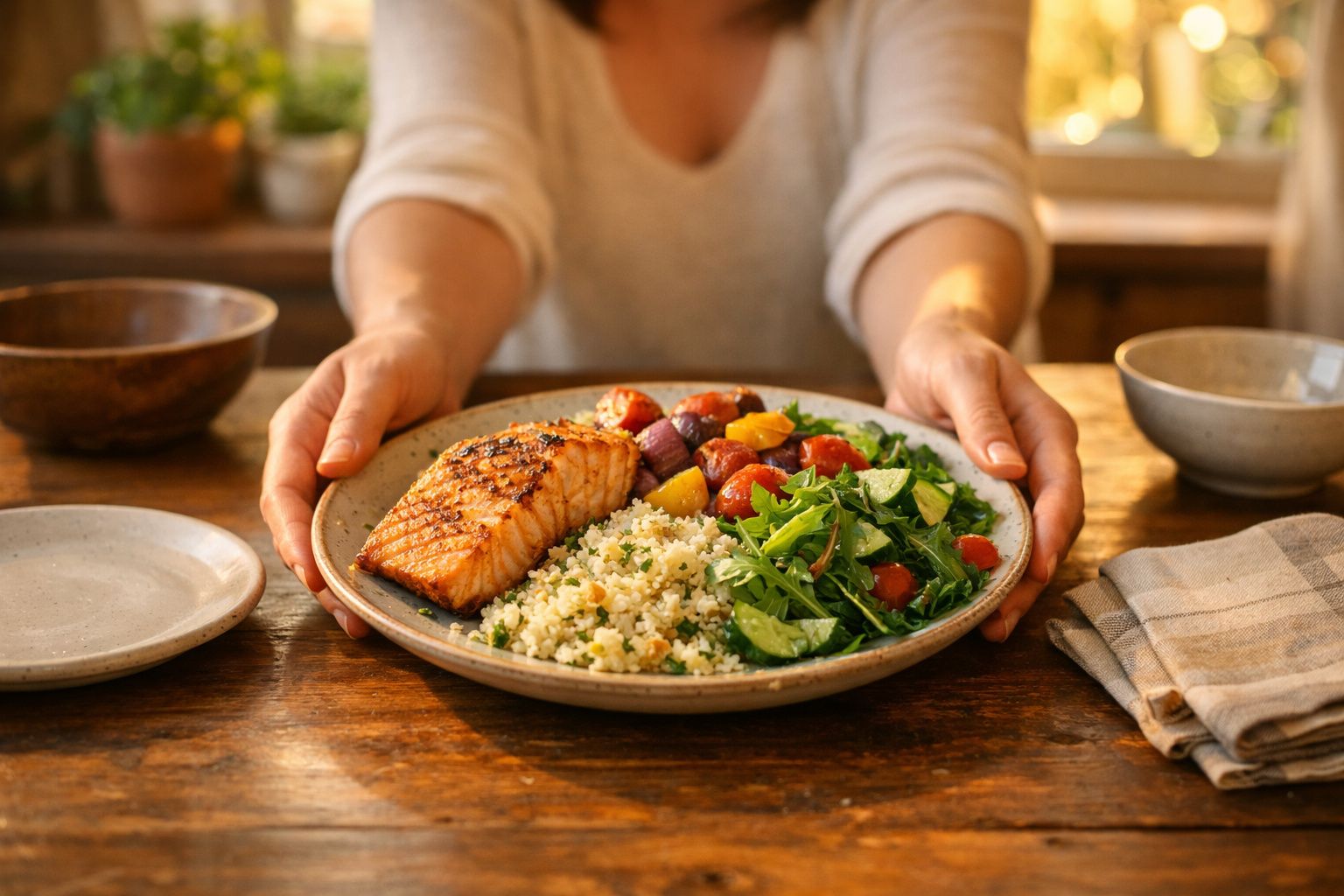 Prato com salmão grelhado, quinoa, legumes assados e salada verde nas mãos de uma pessoa numa mesa de madeira.