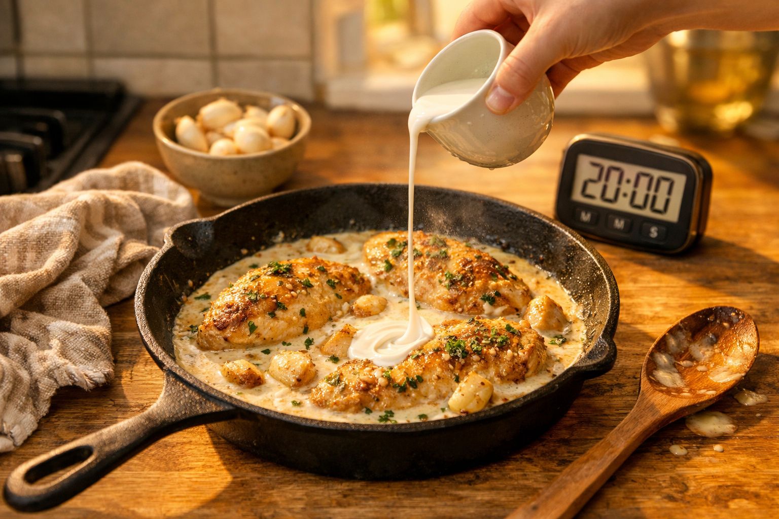Frango dourado a cozinhar em frigideira com molho cremoso a ser adicionado, com alho e timer digital a 20:00.
