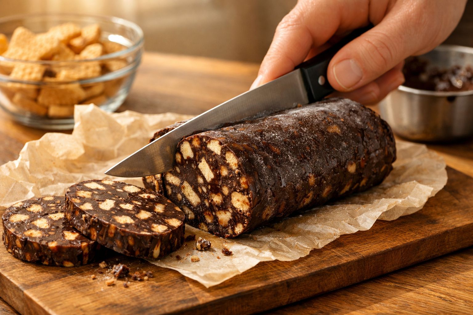 Pessoa a cortar salame de chocolate com pedaços de bolacha numa tábua de madeira.