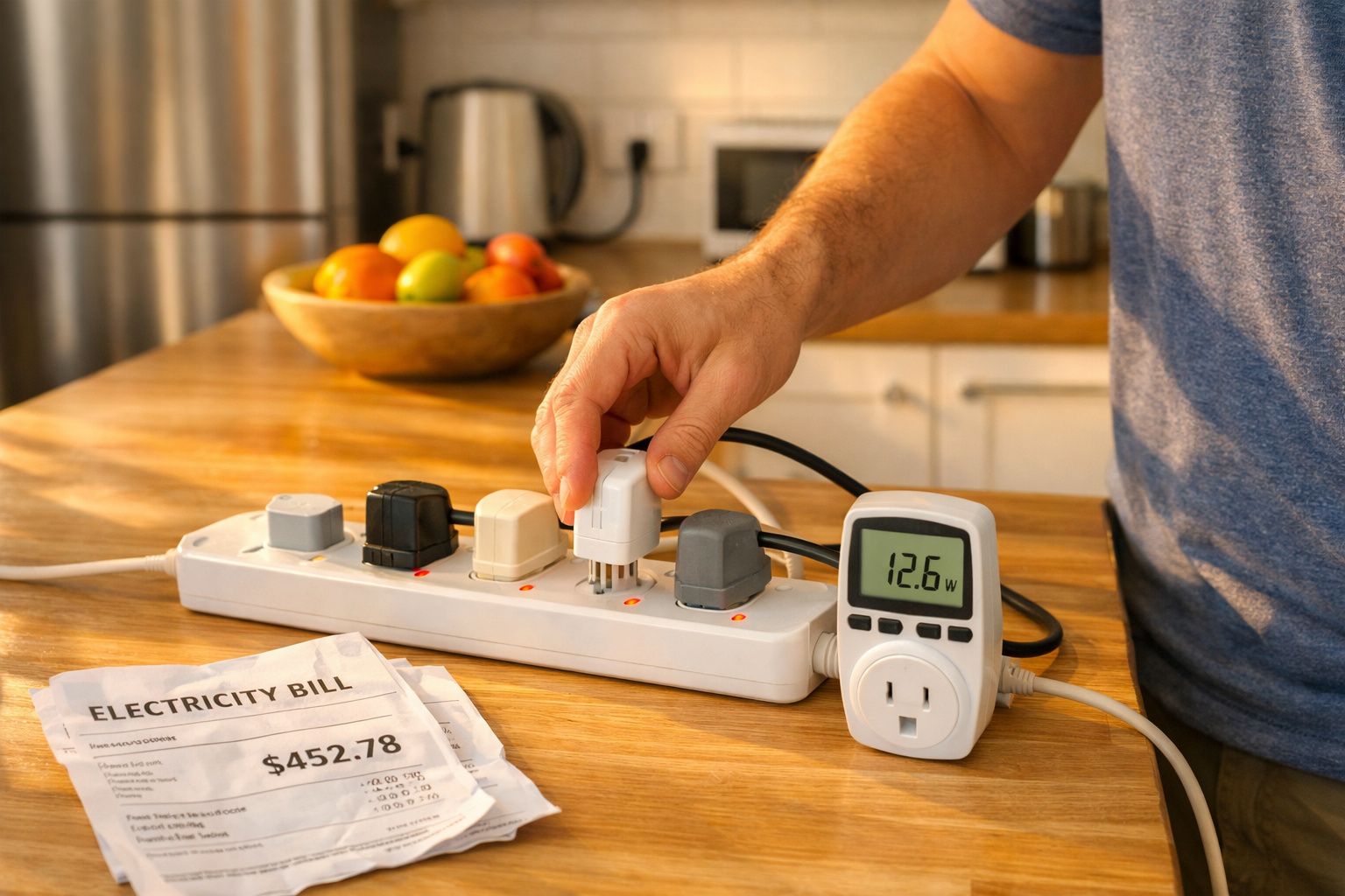 Pessoa liga ficha numa régua de energia com monitor de consumo, ao lado de faturas de eletricidade num balcão.