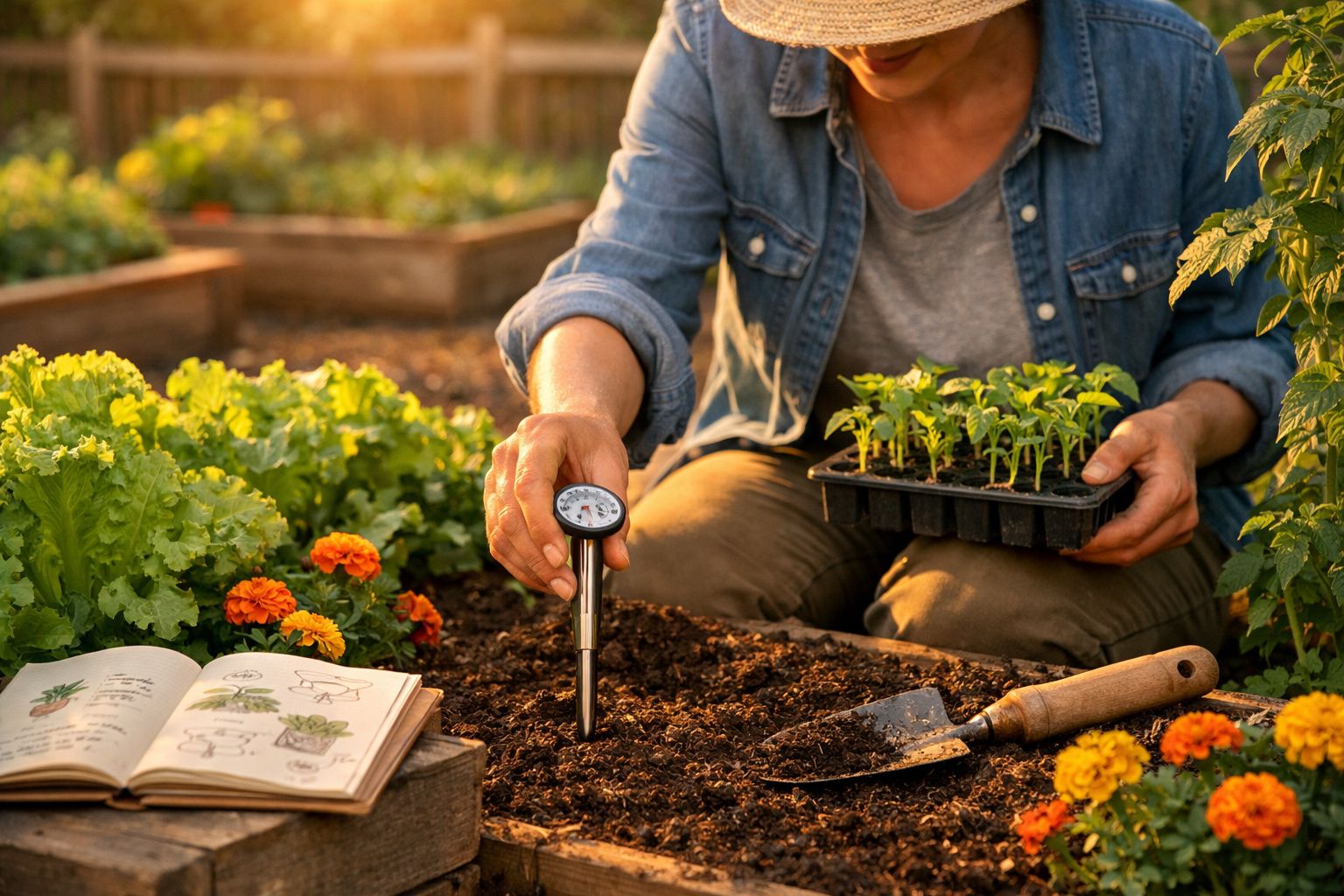 Pessoa a medir a temperatura do solo num jardim, com mudas, livro de plantas e enxada ao lado.