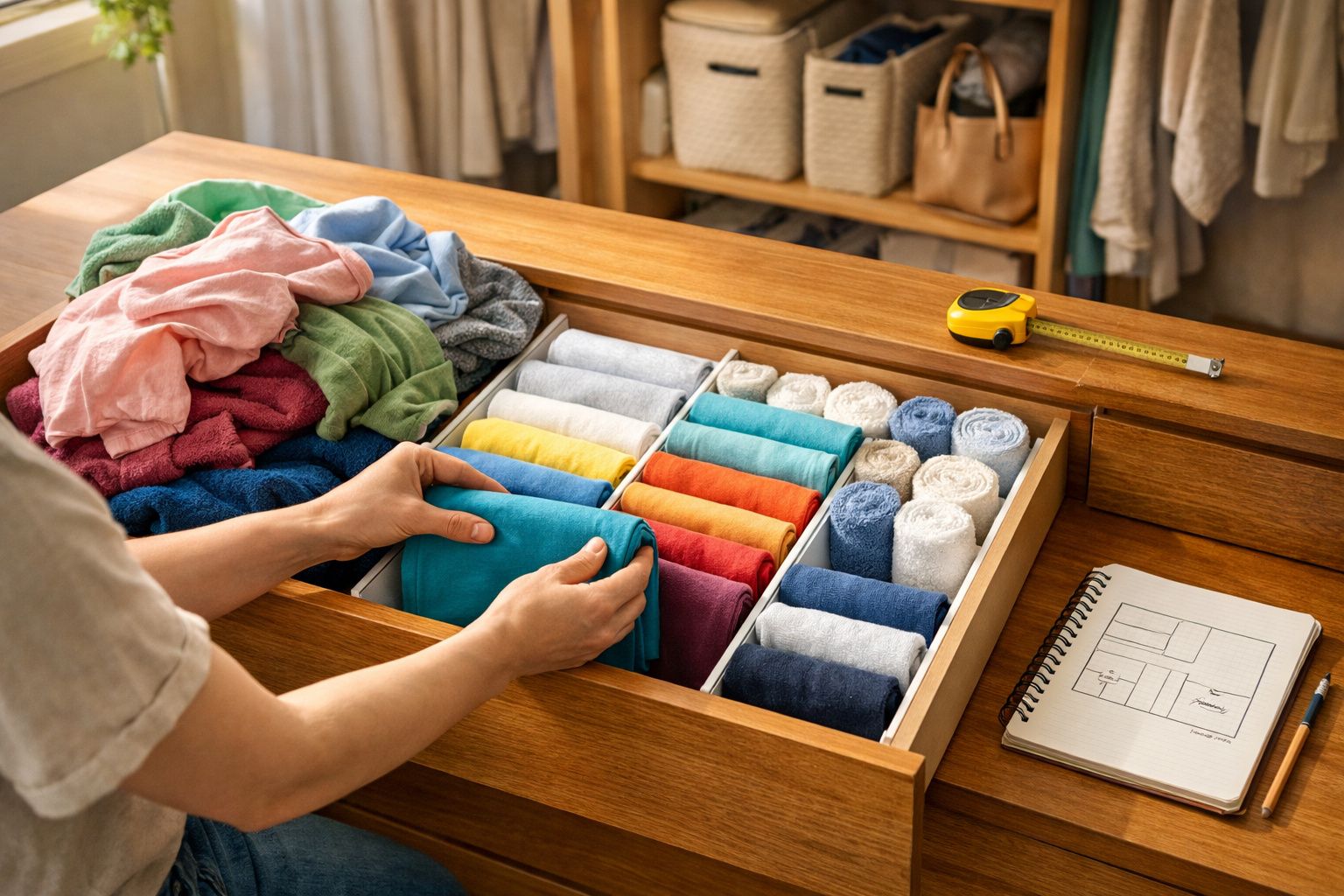Pessoa a organizar roupas coloridas dobradas dentro de gaveta com divisórias e caderno com desenho de organização.
