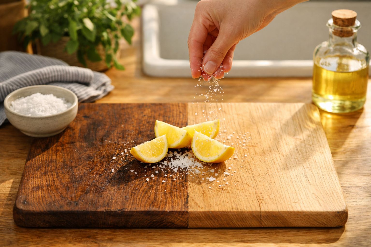 Mão a polvilhar sal grosso sobre quartos de limão num tabuleiro de madeira na cozinha.