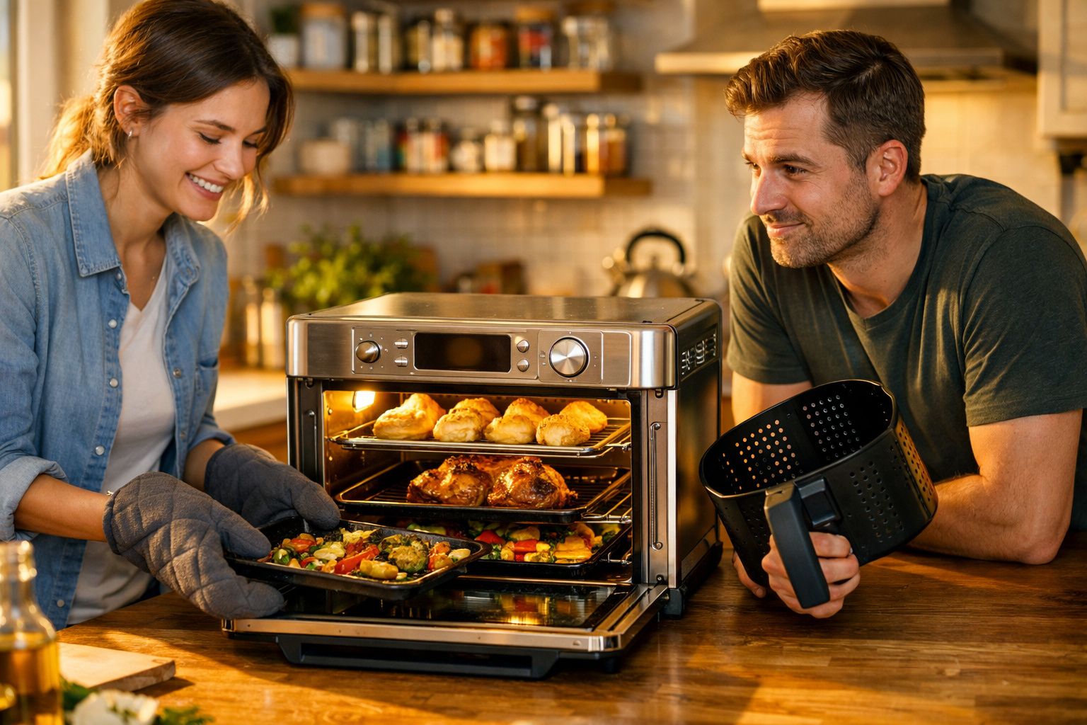 Casal a cozinhar no forno de bancada, tirando legumes e aves assadas, na cozinha moderna.