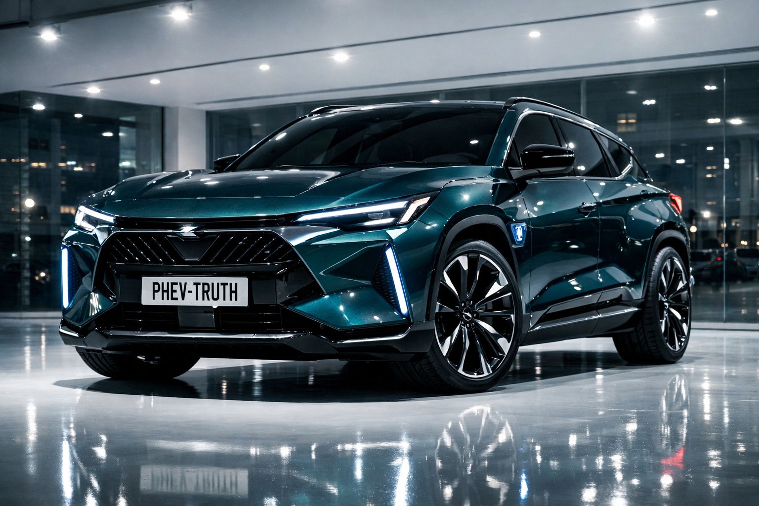 SUV elétrico moderno e elegante estacionado num espaço interior com chão refletor e iluminação suave.