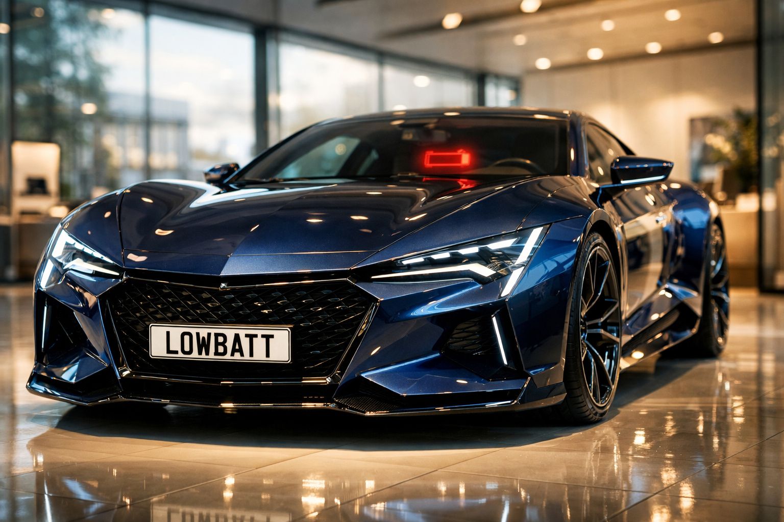 Carro desportivo azul metálico com matrícula personalizada "LOWBATT" em ambiente de showroom interior.