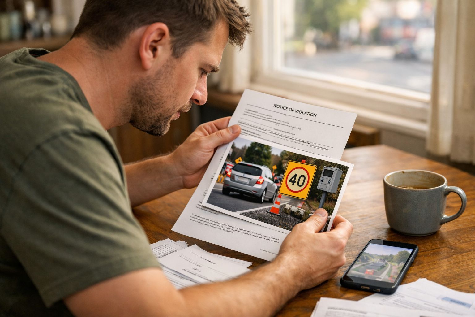 Homem sentado à mesa a ler uma notificação de infração de trânsito com uma caneca e telemóvel ao lado.