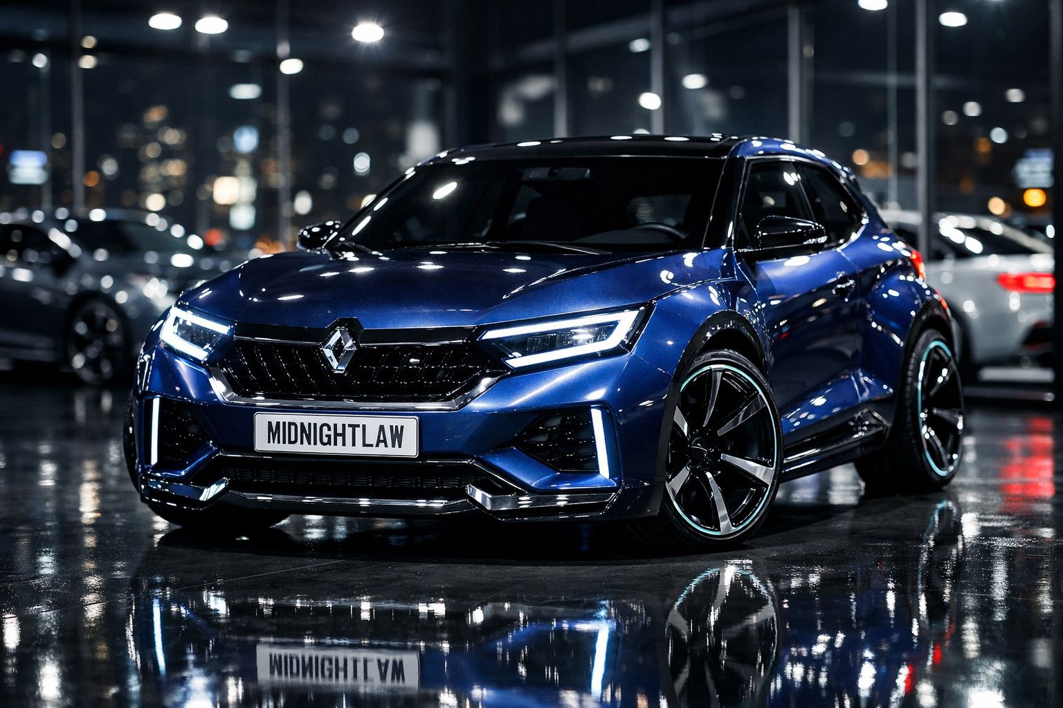 Carro desportivo azul Renault em showroom iluminado à noite com reflexos no chão molhado.