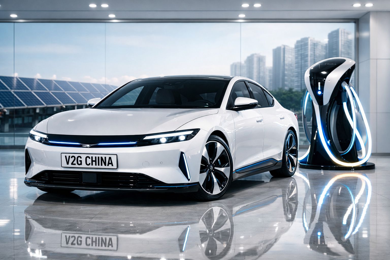 Carro elétrico branco estacionado perto de estação de carregamento futurista em ambiente urbano moderno.