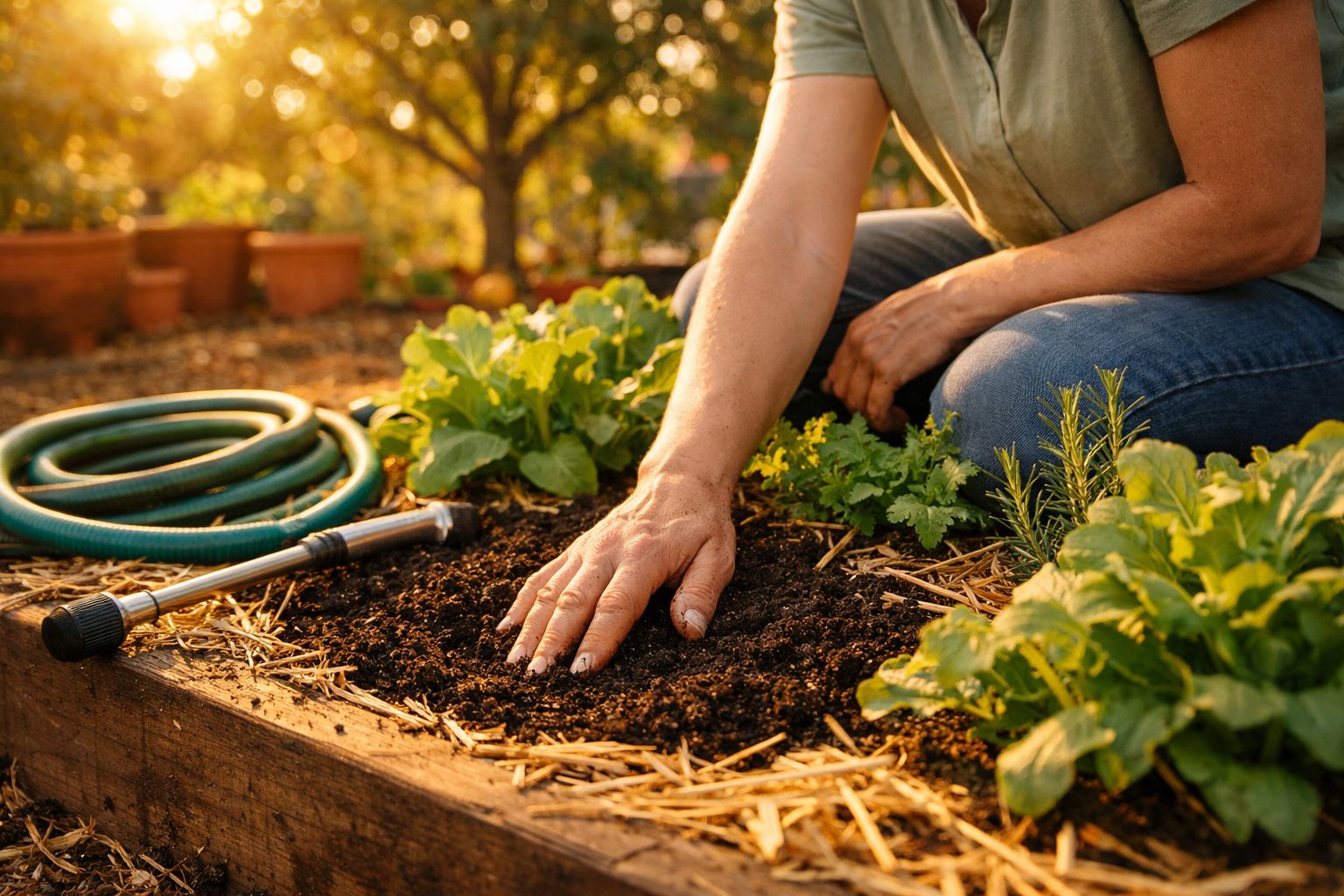 Pessoa a preparar terra numa horta com plantas verdes e mangueira numa cama de madeira ao pôr do sol.