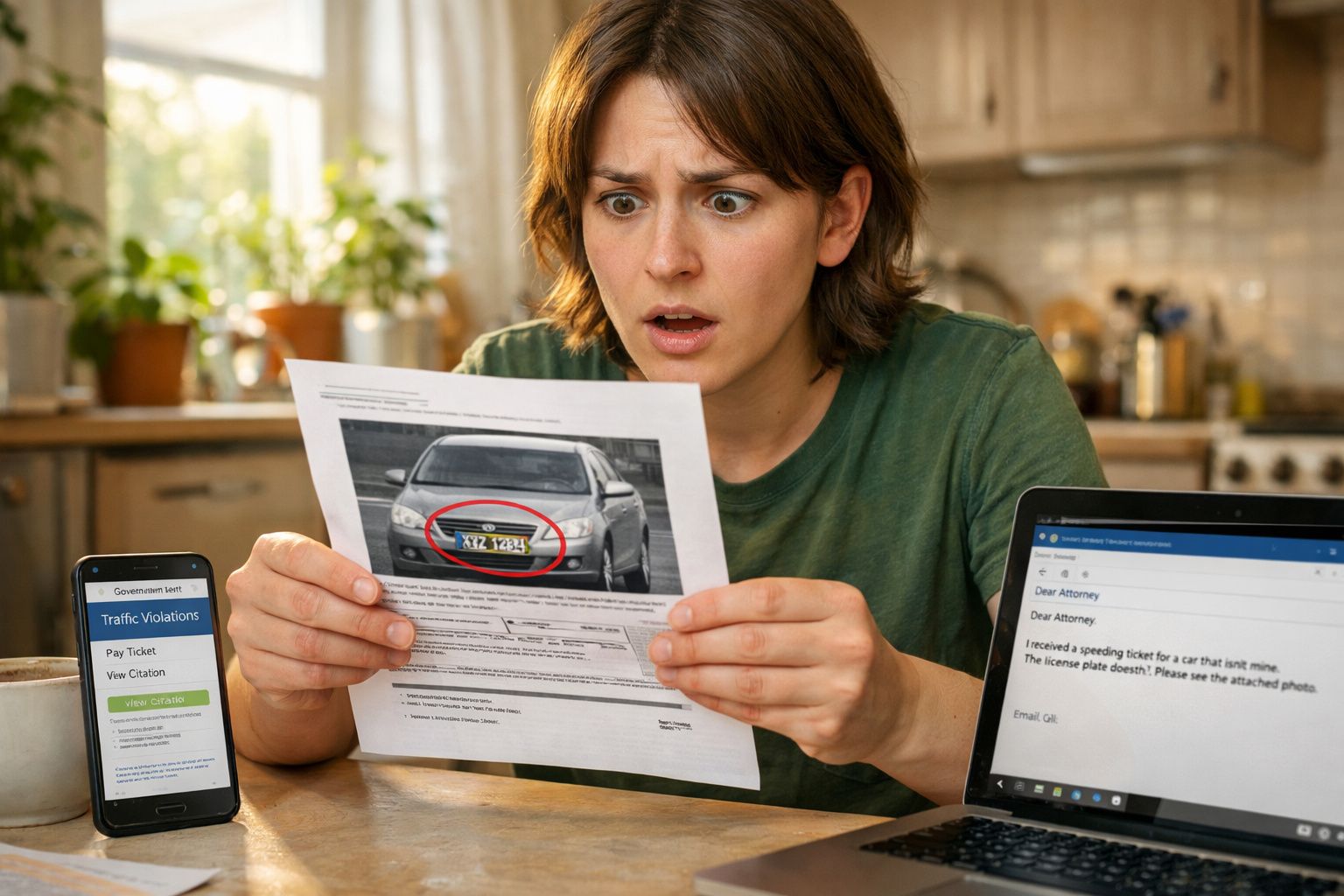 Mulher surpreendida a olhar para multa de trânsito com foto de carro e placa destacada, laptop e telemóvel na mesa.