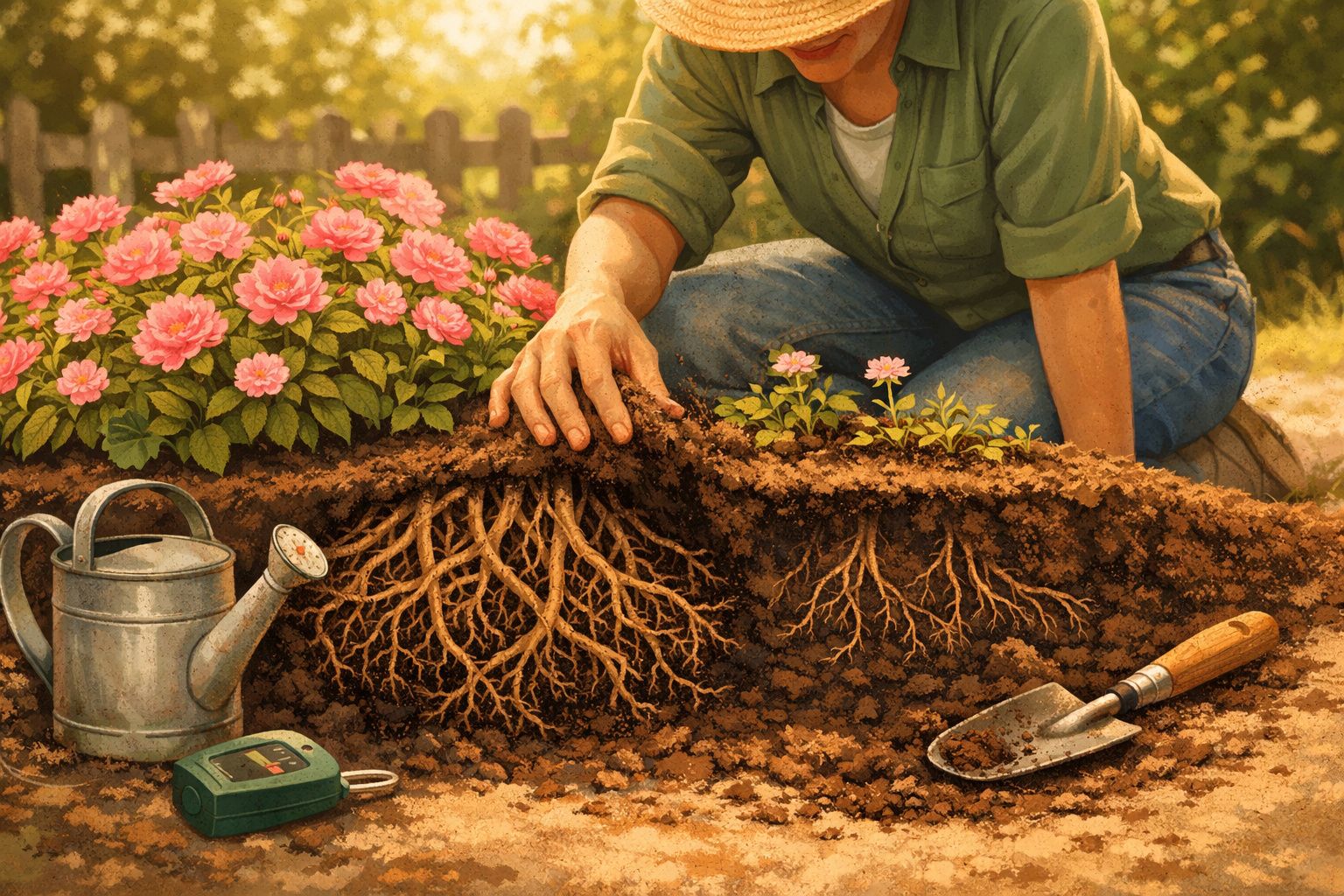 Pessoa a cuidar de flores cor-de-rosa no jardim, mostrando raízes das plantas e ferramentas de jardinagem.