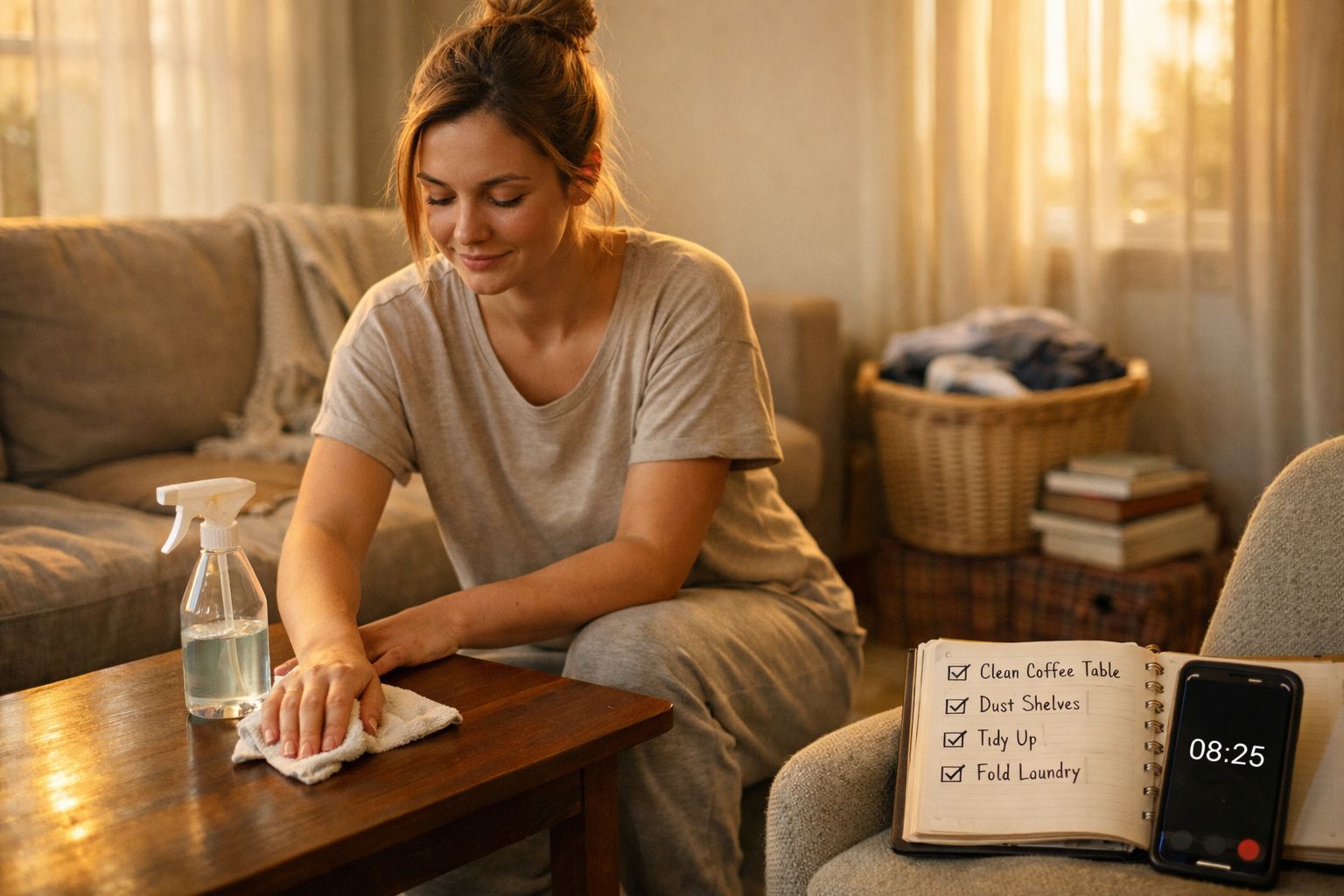 Mulher a limpar a mesa da sala ao amanhecer, ao lado de cesto de roupa e lista de tarefas.