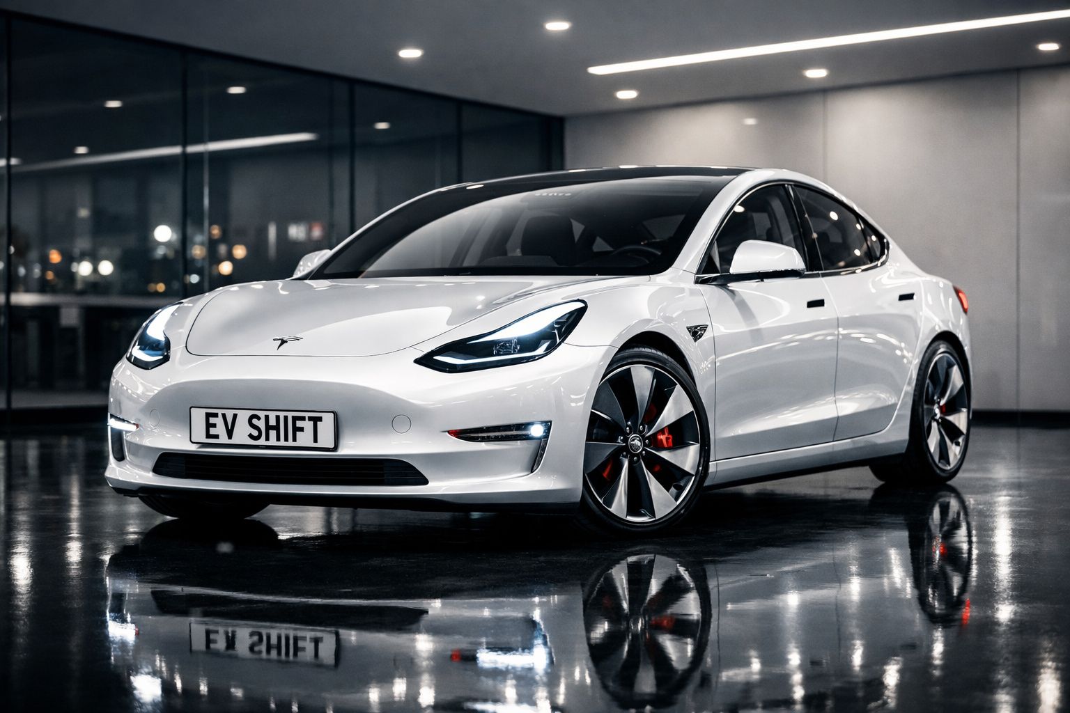 Carro elétrico Tesla branco estacionado em espaço moderno com chão refletor.