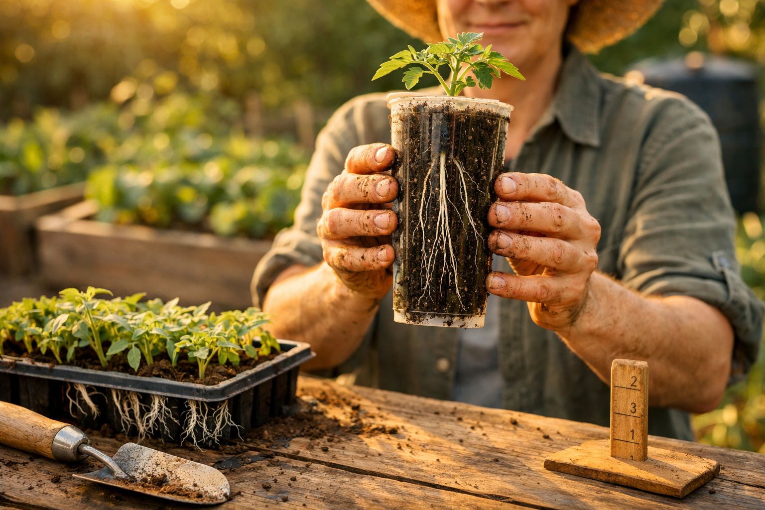 Pessoa a segurar um copo transparente com uma planta e raízes visíveis, rodeada de mudas e terra.