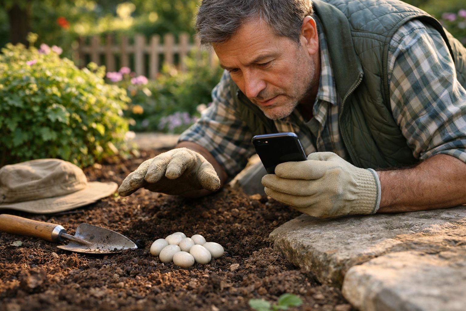 Homem com luvas e colete verifica ovos no solo do jardim usando telemóvel, com enxada ao lado.