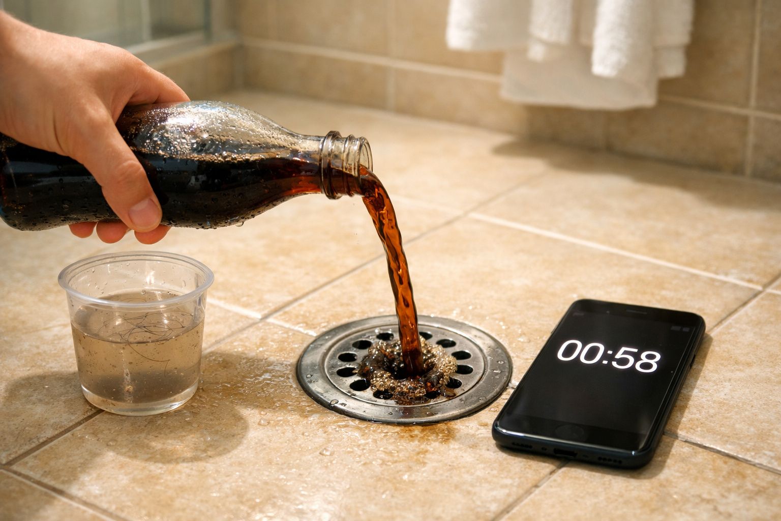 Mão a verter refrigerante para o ralo do chão ao lado de um copo de plástico com água e um telemóvel com cronómetro.