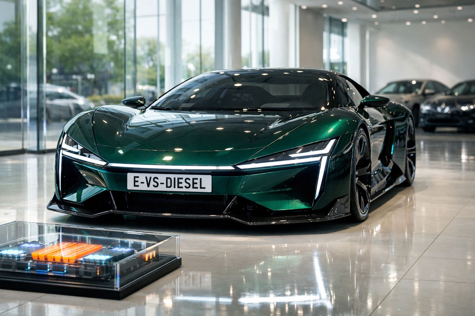 Carro desportivo elétrico verde metálico exibido em salão com iluminação moderna e chão refletor.