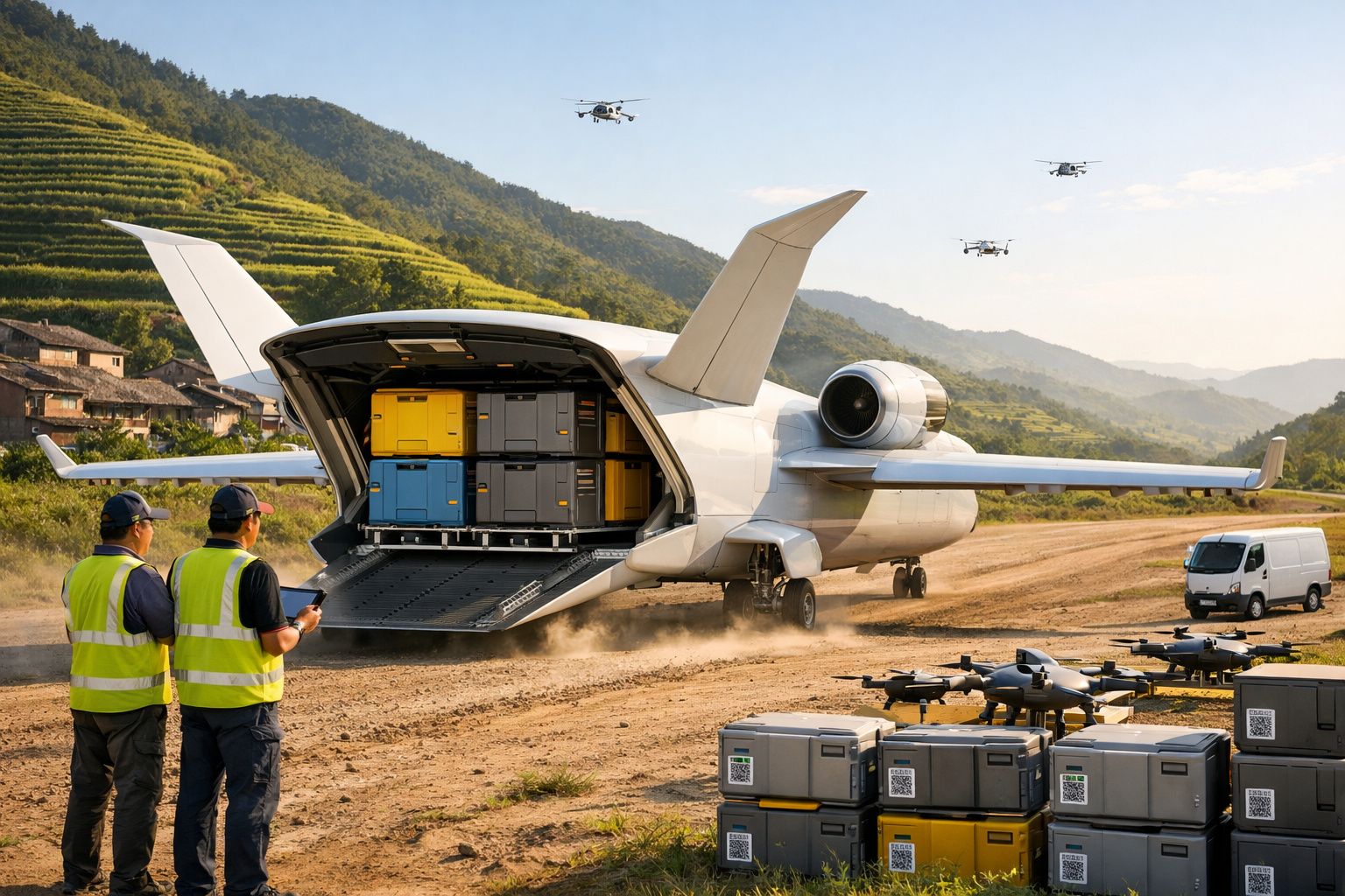 Avião de carga em pista rural com tripulação, caixas organizadas e drones a sobrevoar na zona montanhosa.