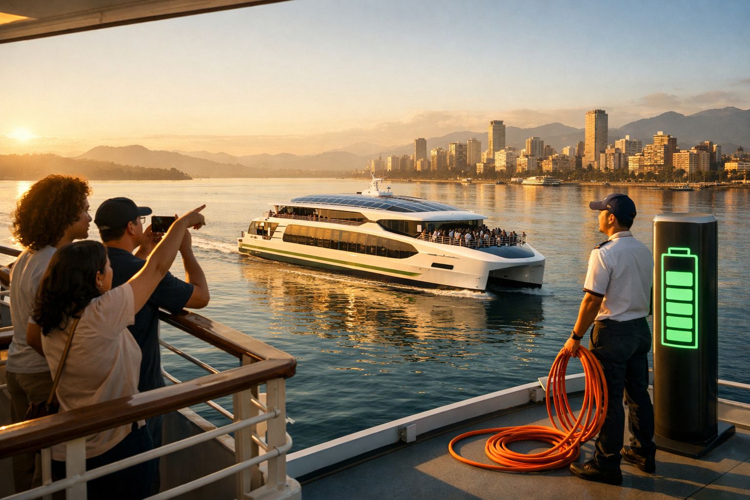 Barco elétrico a navegar ao pôr do sol com pessoas a observar e um carregador de bateria ao lado.