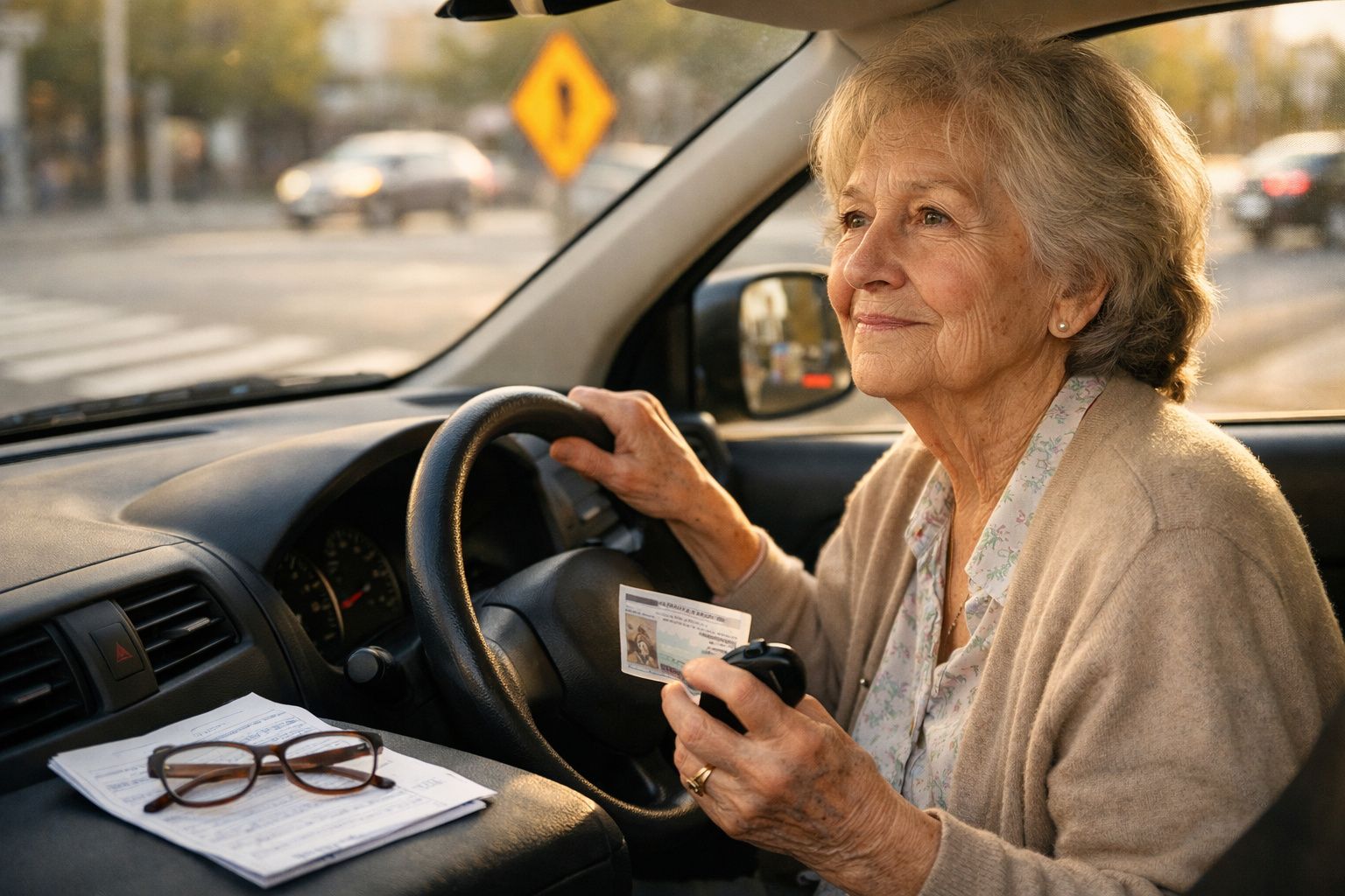 Mulher idosa sentada ao volante, segurando carta de condução e comando, com óculos sobre documentos no carro.