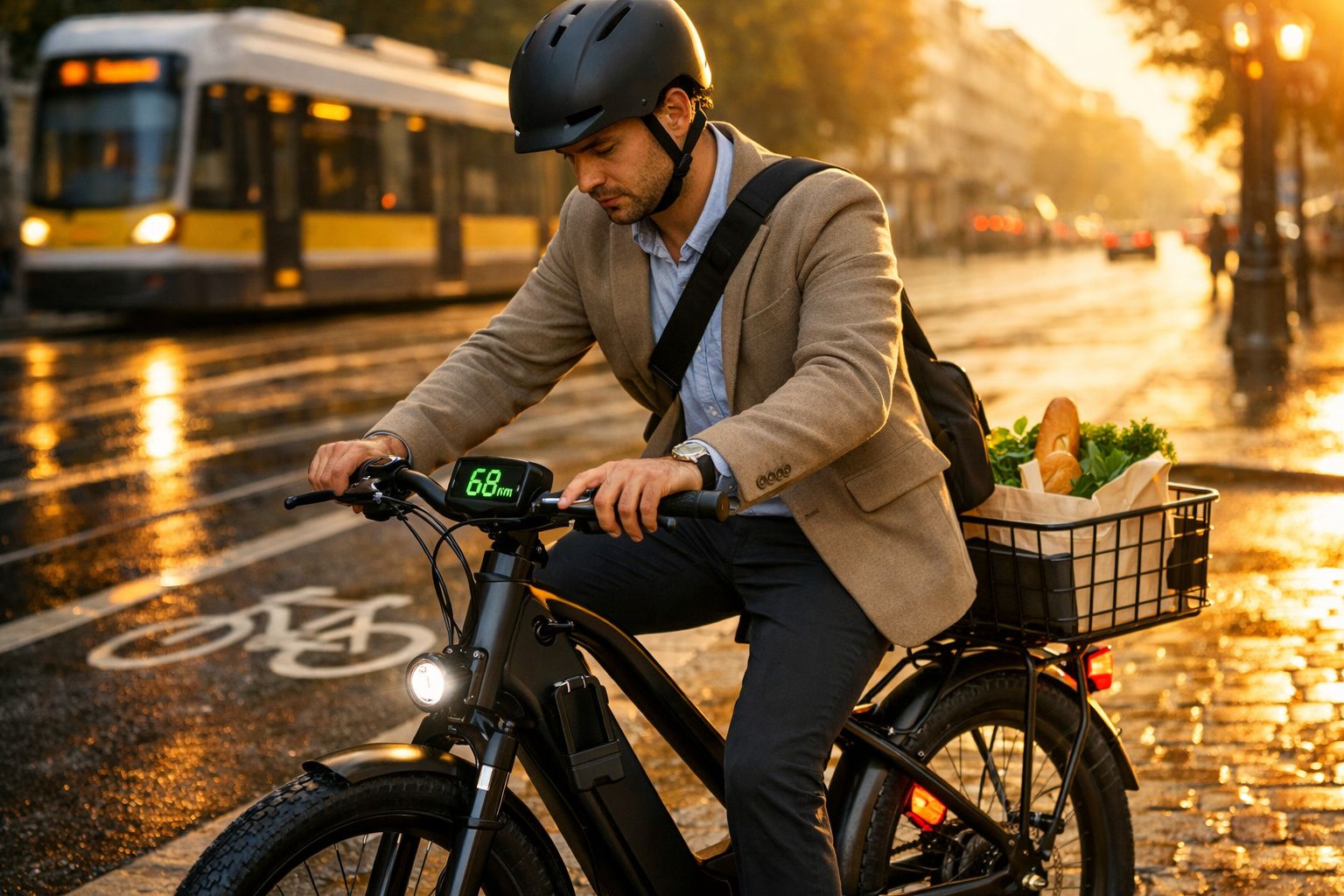 Homem de fato e capacete está parado numa bicicleta elétrica com cesto cheio de compras ao pôr do sol.