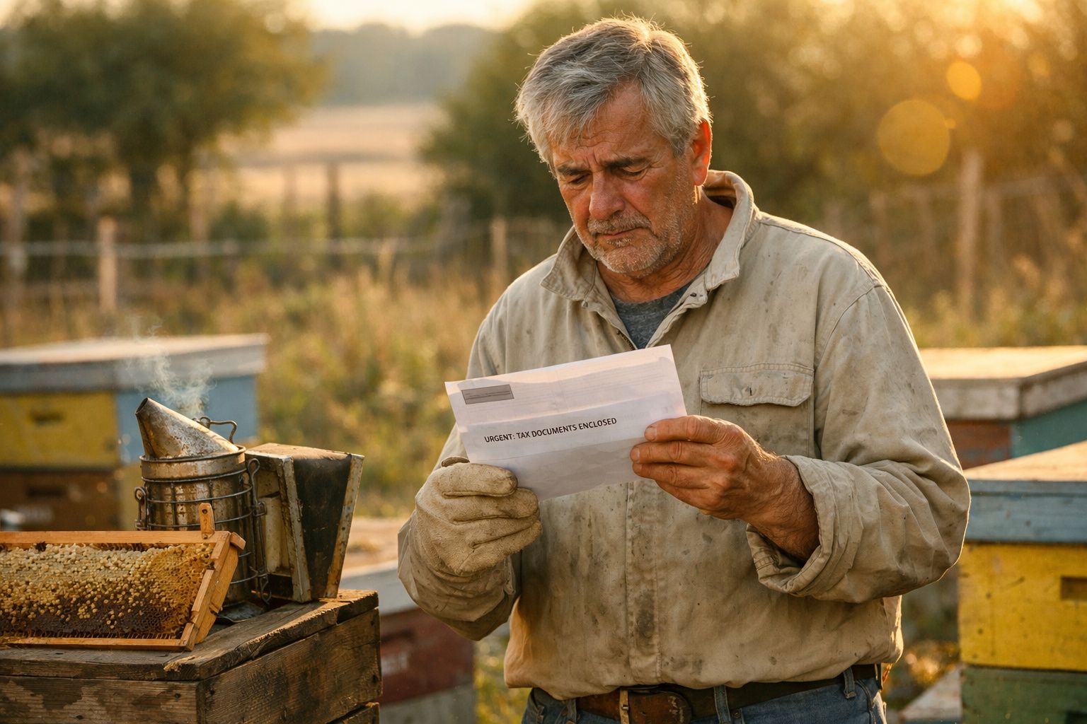 Apicultor com roupa de proteção a ler uma carta perto de colmeias ao pôr do sol.