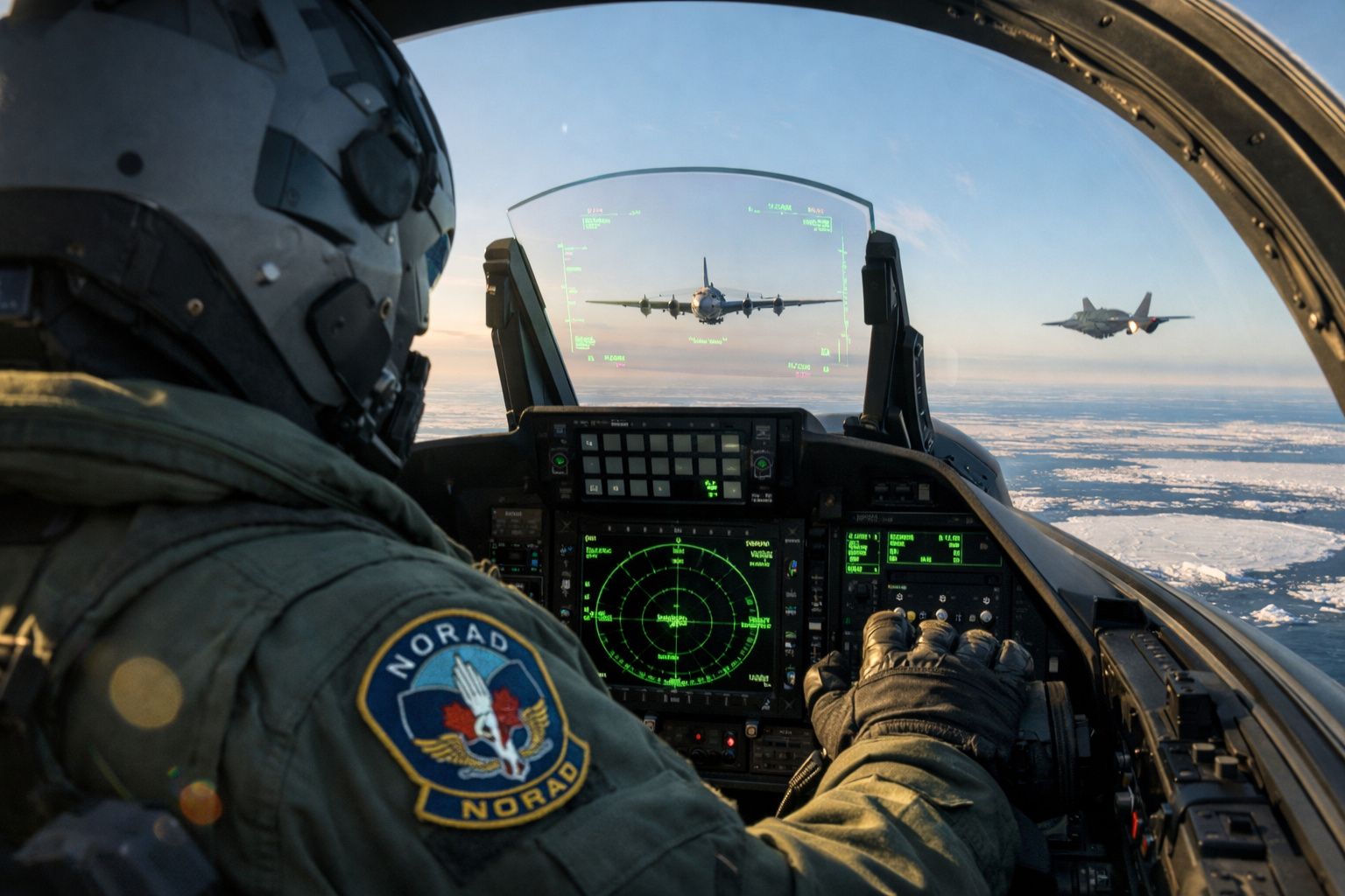 Piloto com uniforme NORAD no cockpit de caça a jato, com outros dois aviões à frente, em voo sobre nuvens.