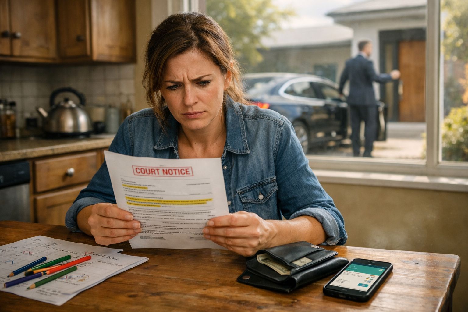 Mulher preocupada a ler uma notificação judicial sentada numa cozinha com homem ao fundo a sair de carro.