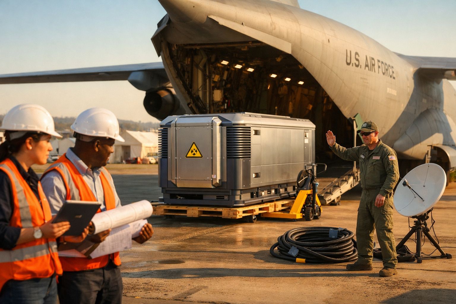 Militares e técnicos com coletes e capacetes supervisionam carga radioativa perto de avião da Força Aérea dos EUA.