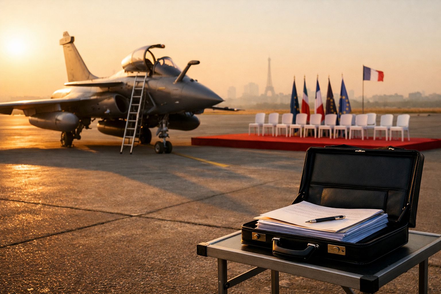Caixa preta com documentos, avião de caça no fundo e bandeiras francesas num aeroporto ao pôr do sol.