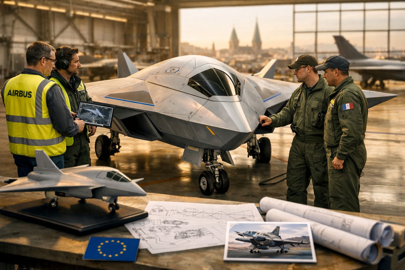 Quatro engenheiros analisam um modelo e um protótipo de caça moderno numa hangar de aviões.